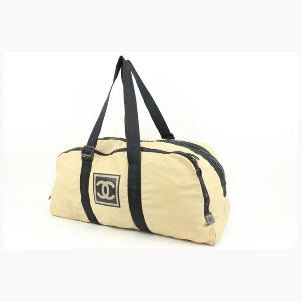 Chanel XL Beige CC Logo Sports Duffle Boston Gym Bag 27cz427s